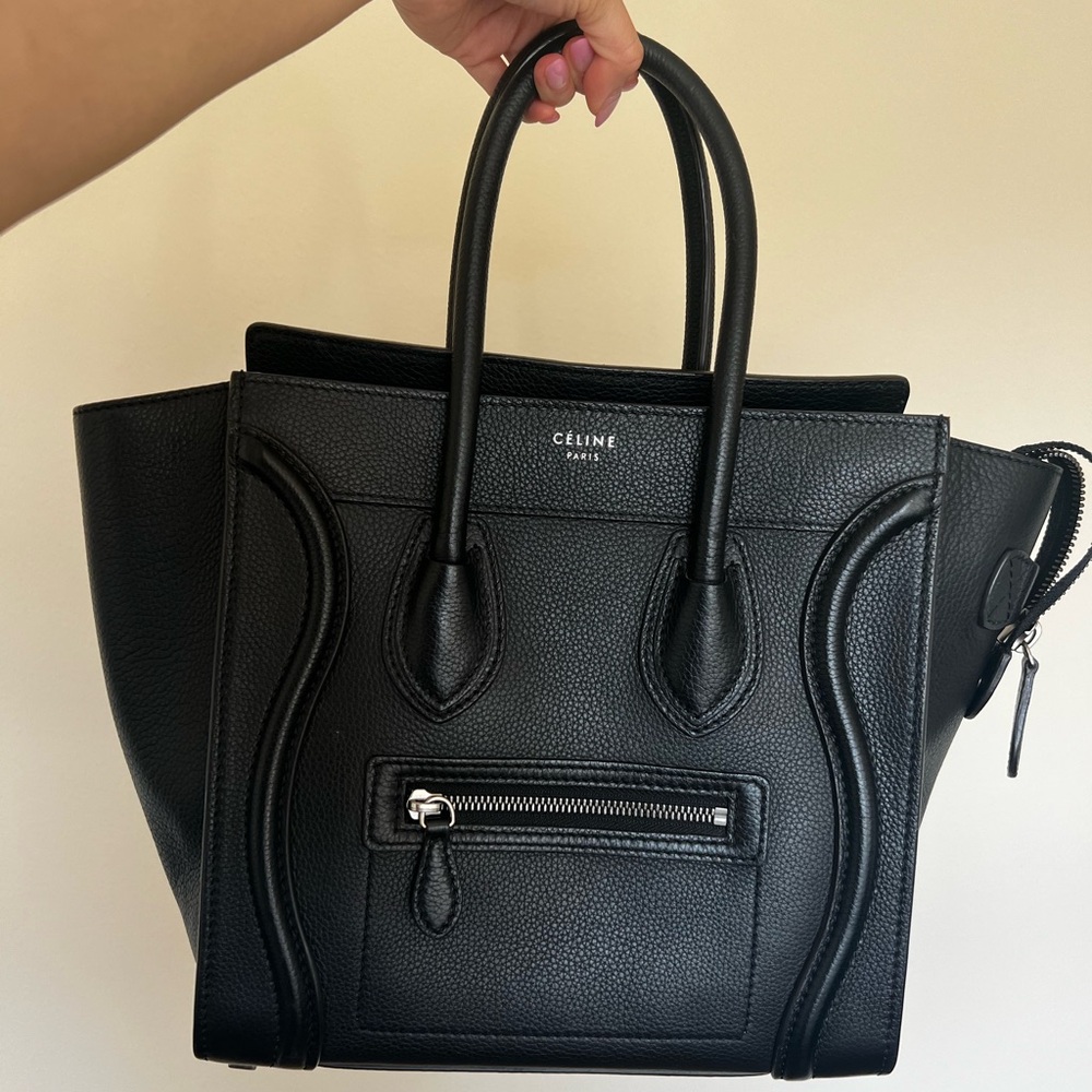 Celine: BLACK MICRO LUGGAGE HANDBAG IN DRUMMED CALFSKIN